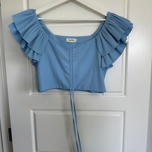 Powder Blue Cap Sleeve Crop Blouse with Ruffled Tie Front